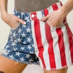 BiBi Red and White Jean Shorts with Distressed Hem